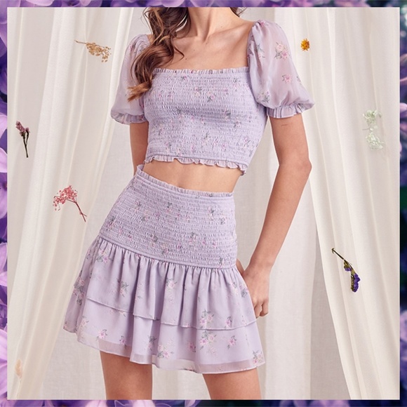 📌 STORIA Smocked Bodice Crop Top & Skirt Chiffon Sleeves & Double Ruffled Skirt - Picture 10 of 16